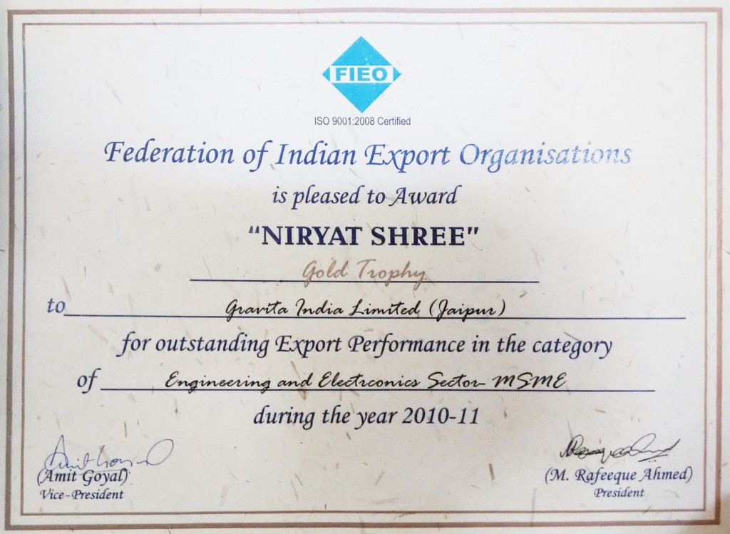 Niryat Shree Award Certificate